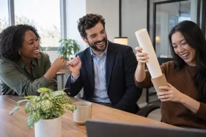Three laughing office workers make a pinky promise while one pulls a blank parchment from a plain coffee sleeve.