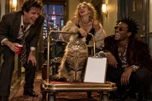A confident tabby cat sits on a luggage trolley beside a blank clipboard as three fictional adults laugh in a New York hallway.