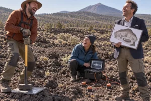 Three laughing surveyors in a volcanic field hold a sledgehammer, seismic equipment and a drawing of a furnished cave.