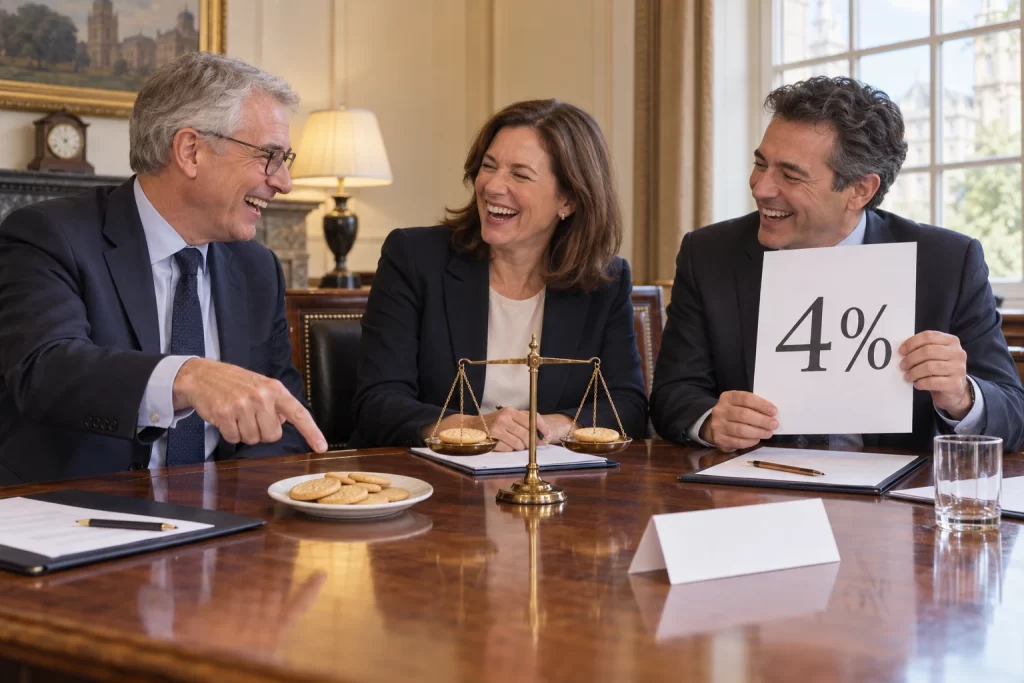 Three fictional central bank officials laugh beside a 4 percent chart and balanced biscuits.