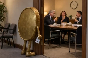 Three laughing fictional central bank officials beside a coin holding a queue ticket