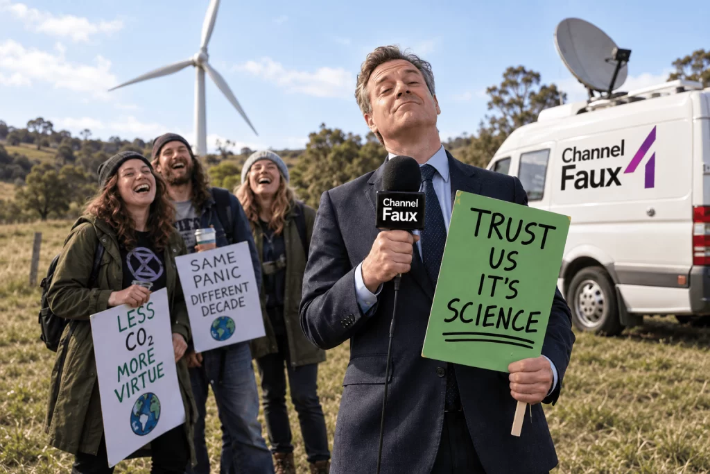Satirical illustration of a Channel Faux reporter holding a ‘Trust us, it’s science’ sign beside a branded television van and laughing protesters.