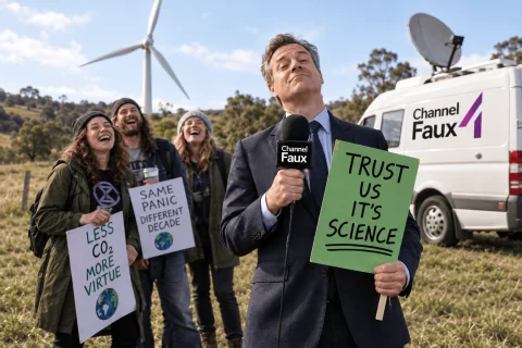 Satirical illustration of a Channel Faux reporter holding a ‘Trust us, it’s science’ sign beside a branded television van and laughing protesters.
