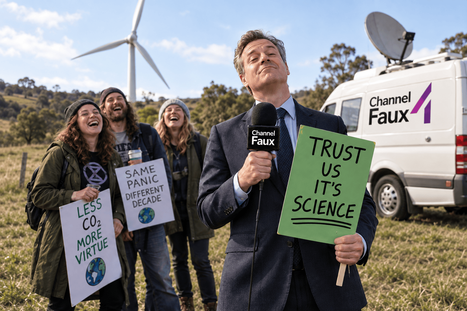 Satirical illustration of a Channel Faux reporter holding a ‘Trust us, it’s science’ sign beside a branded television van and laughing protesters.