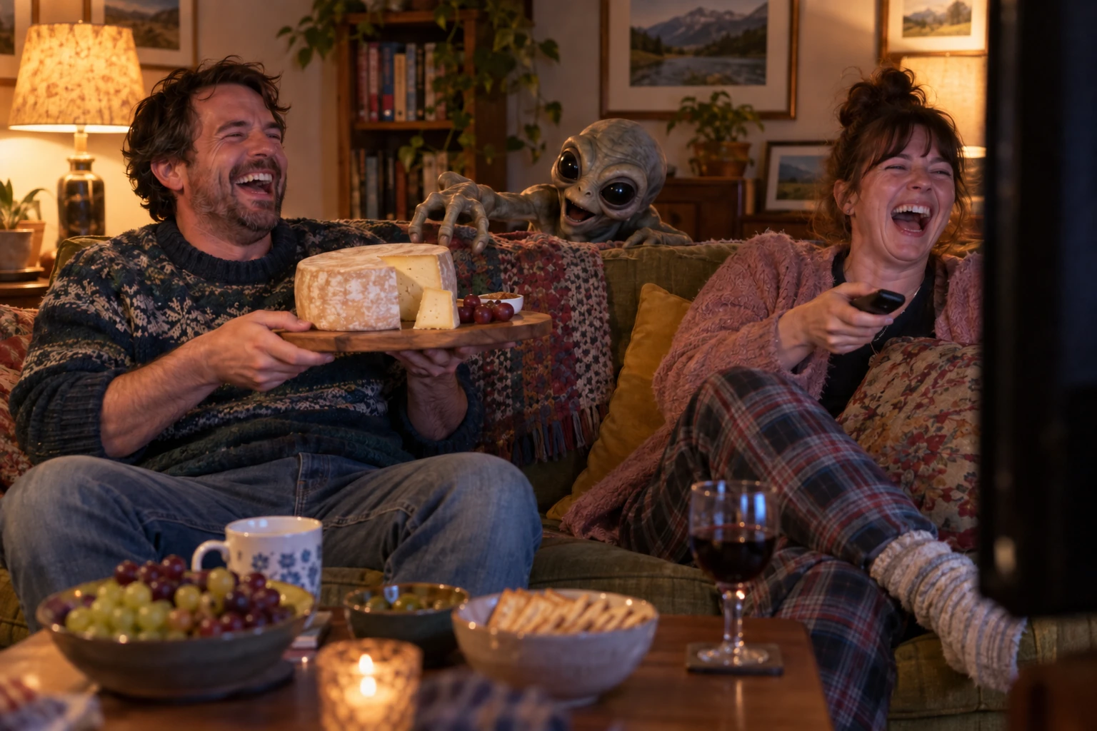 Two laughing viewers sit on a sofa with a cheese board and remote control as a rubber alien puppet reaches towards the cheese.