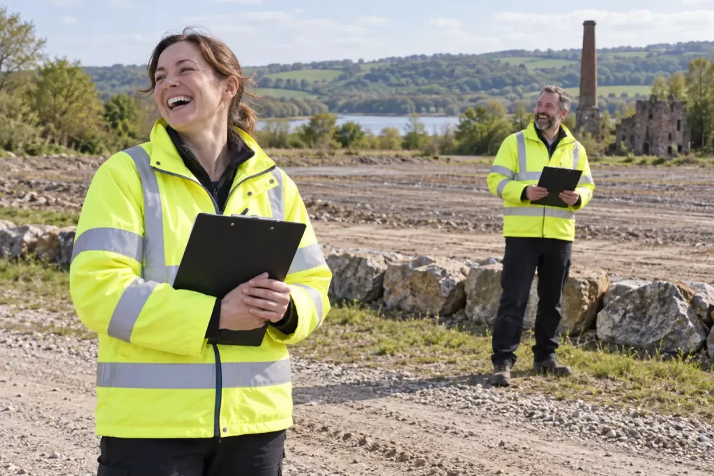 Two laughing environmental officers at fictional Chesterfield illegal waste enforcement 2026 site