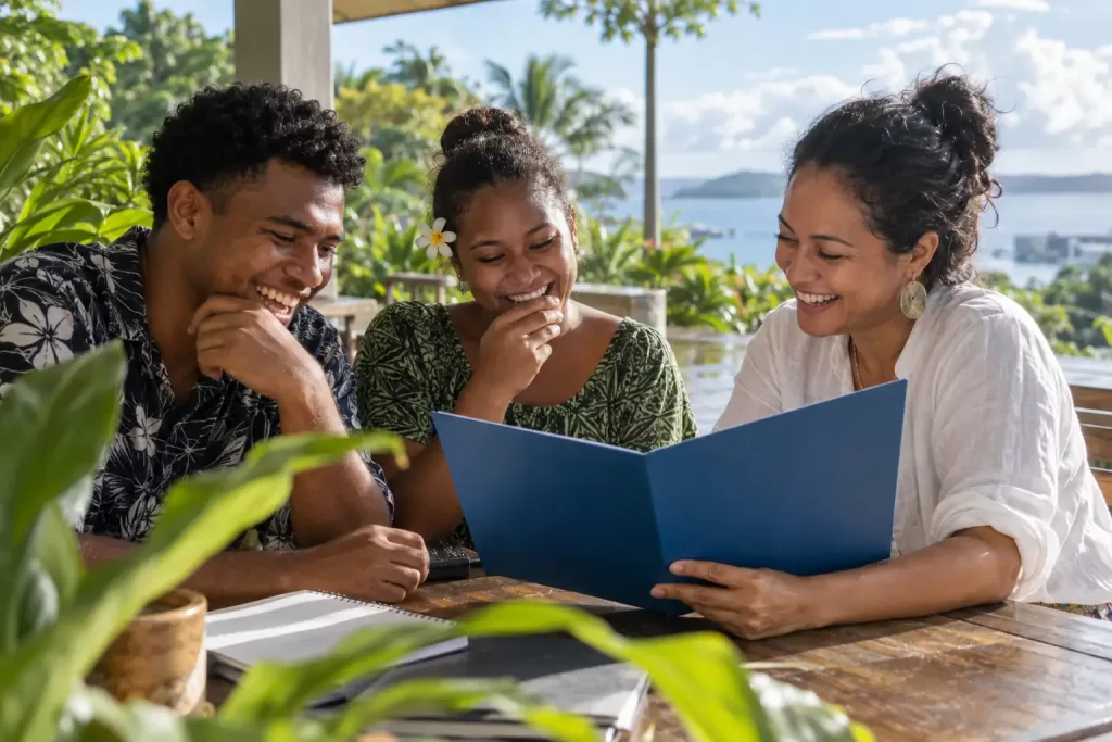 Original editorial photograph of three laughing prospective postgraduate applicants with a plain blue folder and blank notebook on a sunny tropical university terrace, with no logos or text