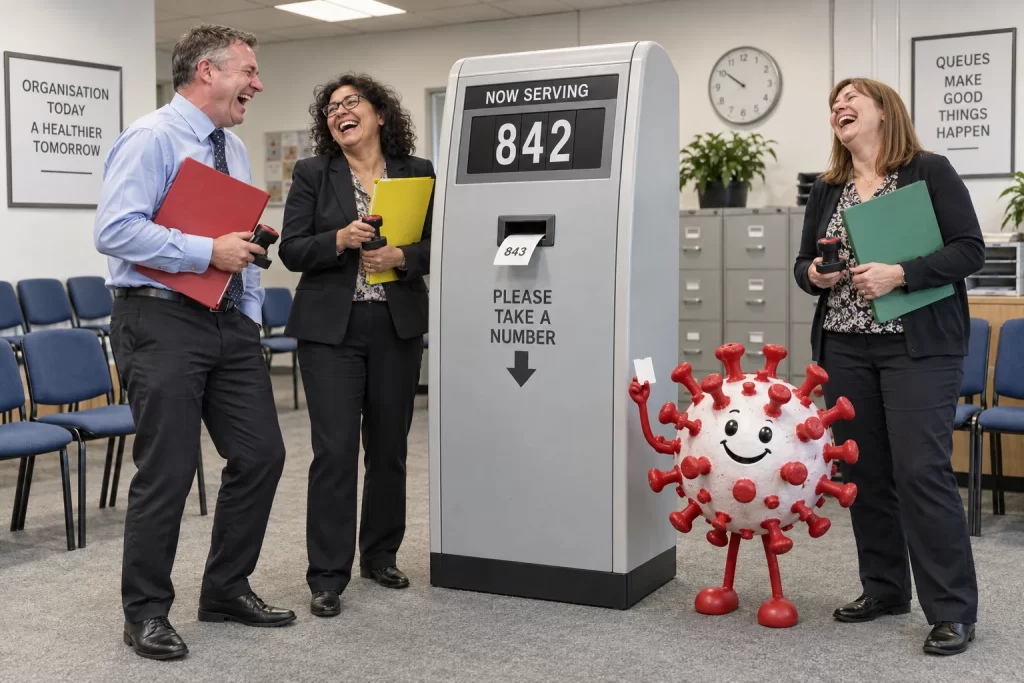 Three fictional adult administrators laughing beside a numbered queue machine and an abstract chickenpox virus model.