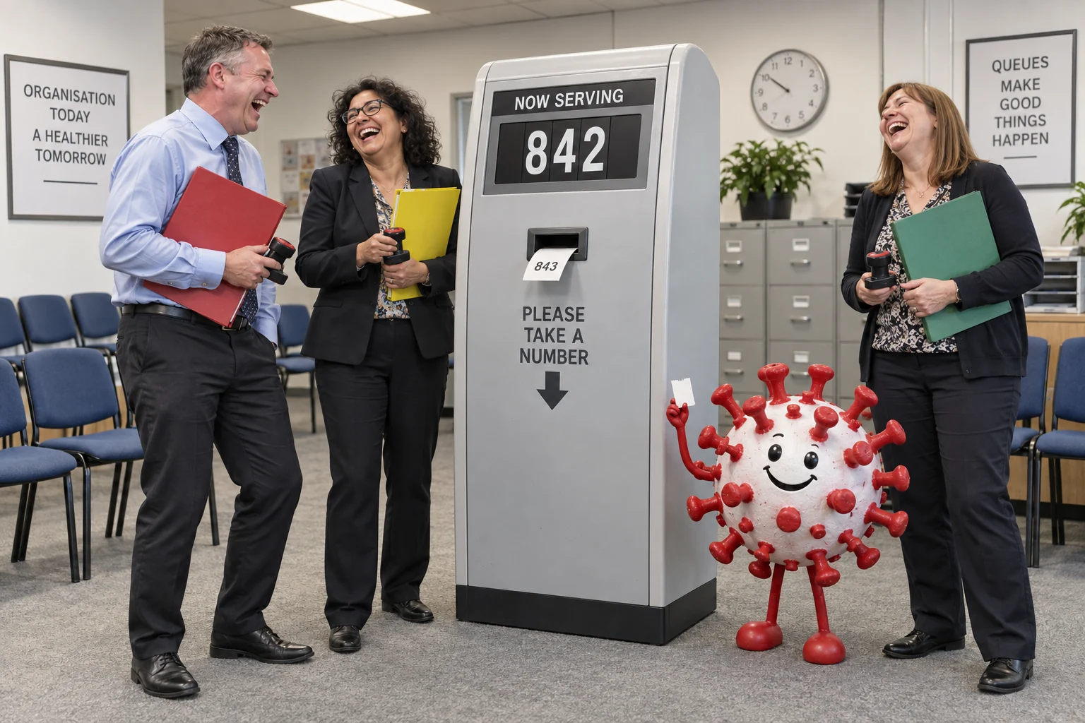 Three fictional adult administrators laughing beside a numbered queue machine and an abstract chickenpox virus model.