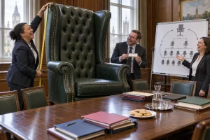 Three fictional civil servants laugh while measuring an enormous green executive chair beside a chart of smaller chairs and a meeting table.
