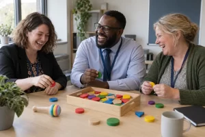Three laughing public service administrators sort colourful blank wooden tokens around a small rattle on a table.