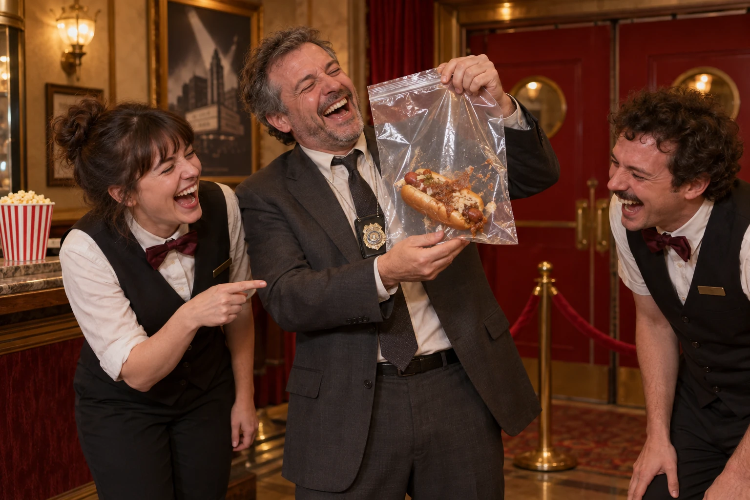 A fictional detective performer and two cinema staff laugh at a chilli dog held in a transparent evidence bag in a cinema foyer.