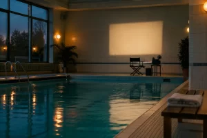 An empty indoor pool reflects a blank film projector light beside a director chair and folded towel.