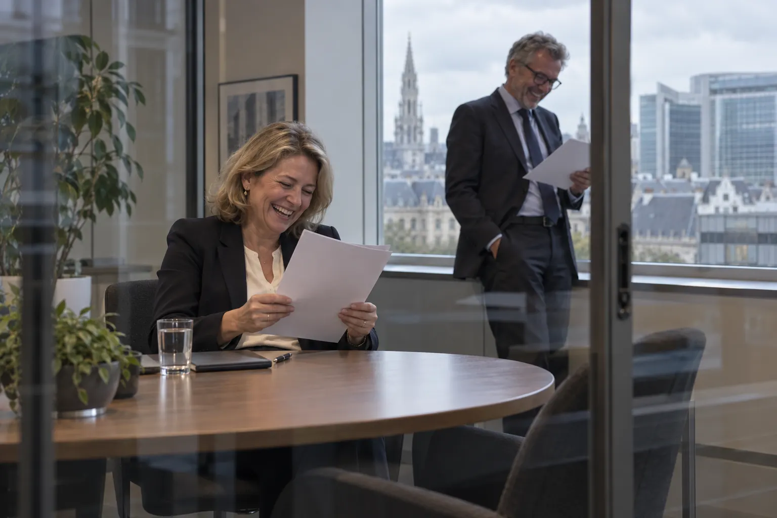 Two laughing officials at fictional Citizens Rights Specialised Committee May 2026 meeting