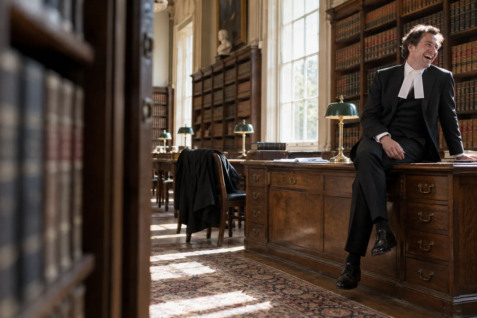 One laughing adult British barrister sits casually on an oak desk in a sunlit old legal library, framed from a doorway with empty bookcases in the foreground.