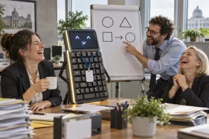 Three laughing fictional civil servants beside a keyboard in a coaching session
