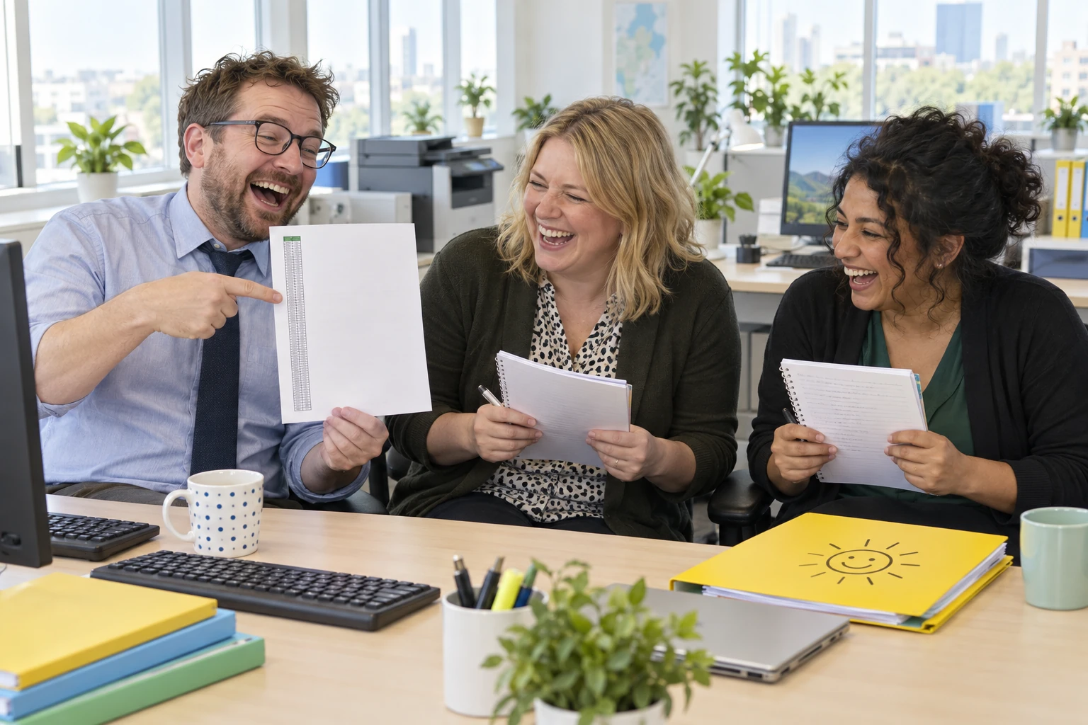 Three fictional civil servants laugh at an absurdly narrow spreadsheet printout in a bright office.