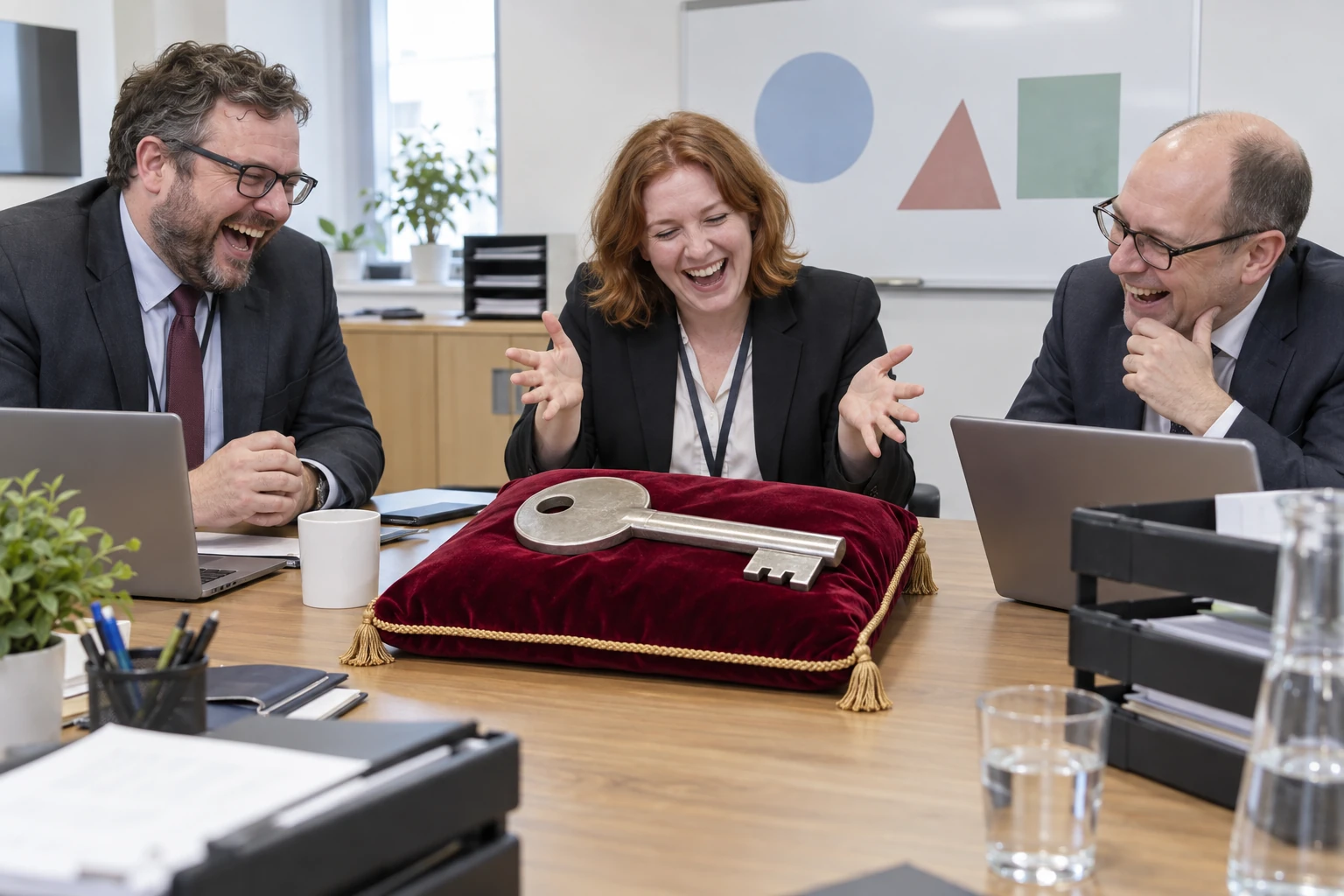 Three fictional civil servants laugh around an oversized password key on a velvet cushion.