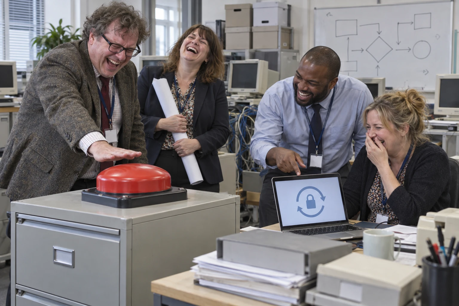 Four fictional civil servants laugh beside an oversized red panic button and abstract password icon.