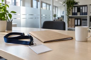 A blank navy lanyard, brown document folder and white mug rest on a bright office desk.