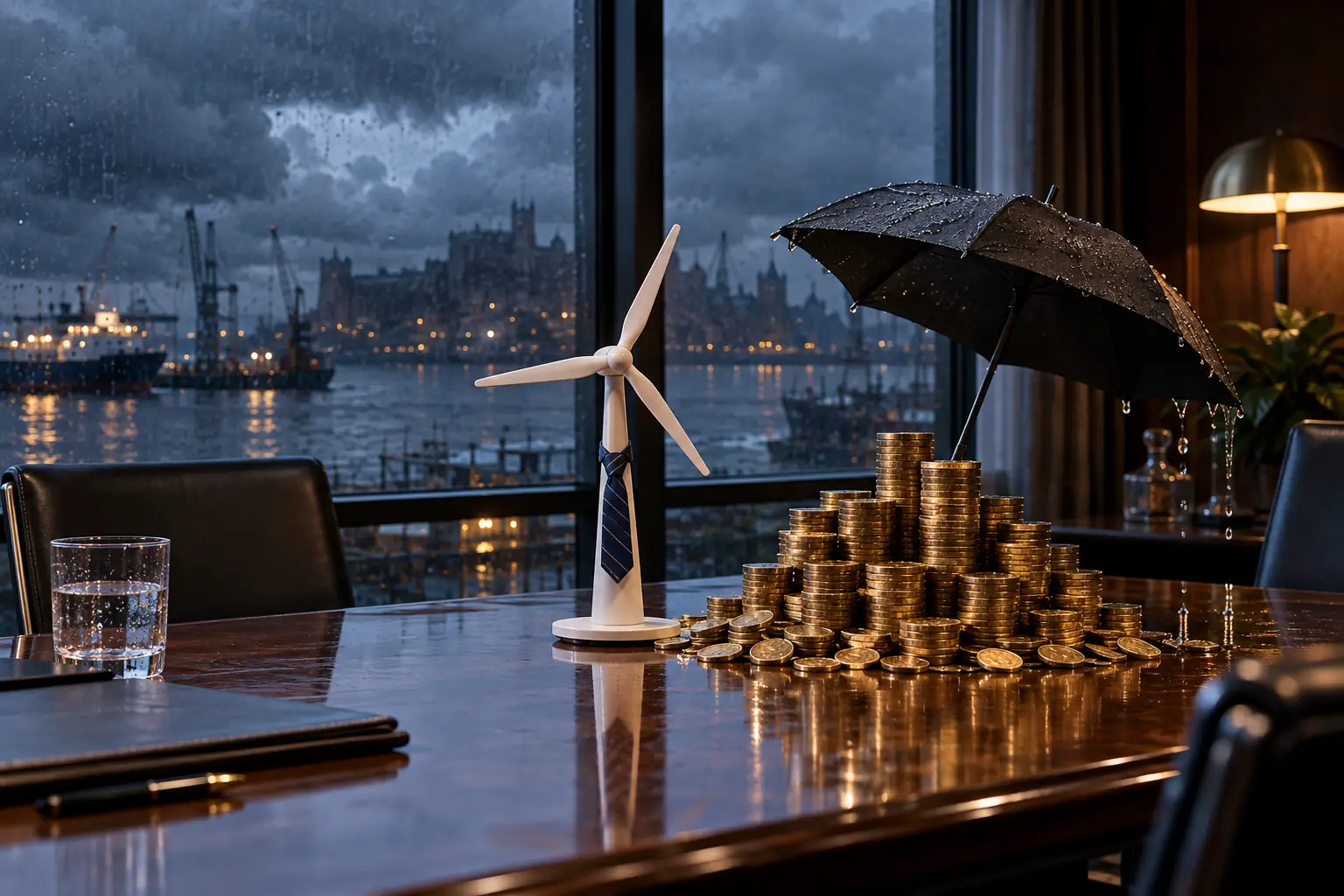 Original editorial photograph of a wind turbine wearing a tie for clean energy investment 2026