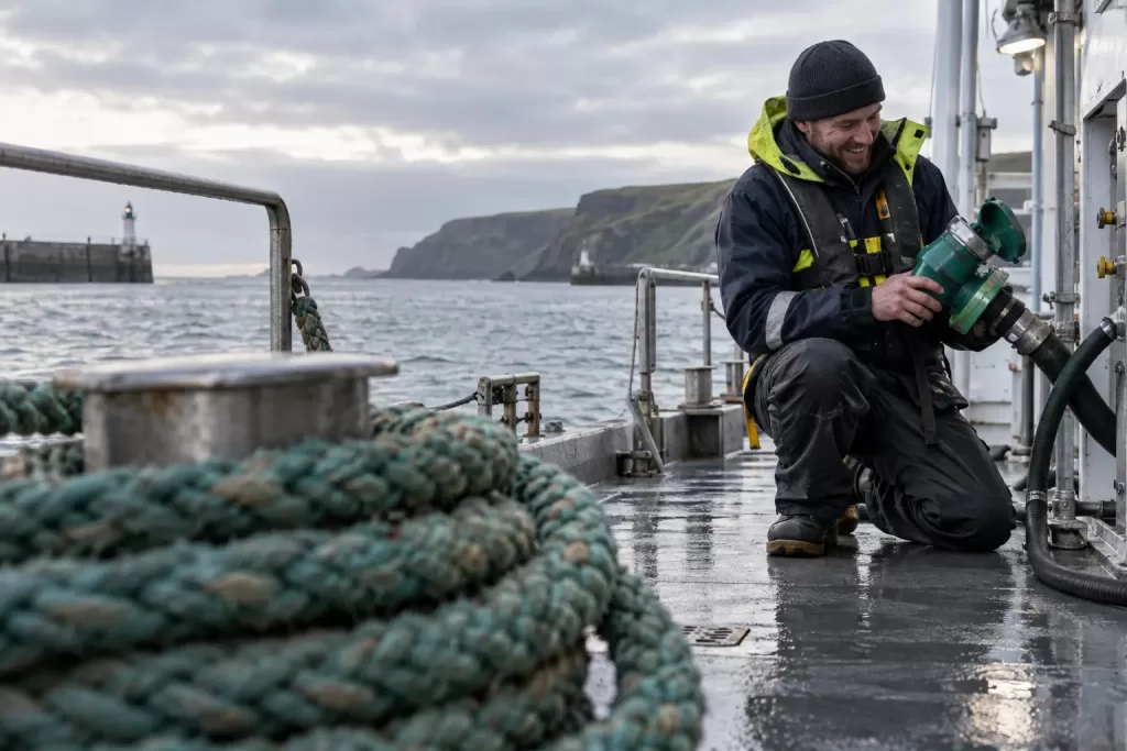 One laughing adult harbour engineer kneels on a wet research-vessel deck beside a generic green fuel connector.