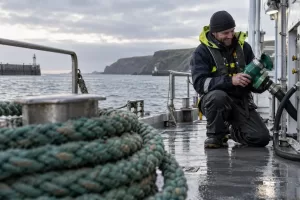 One laughing adult harbour engineer kneels on a wet research-vessel deck beside a generic green fuel connector.