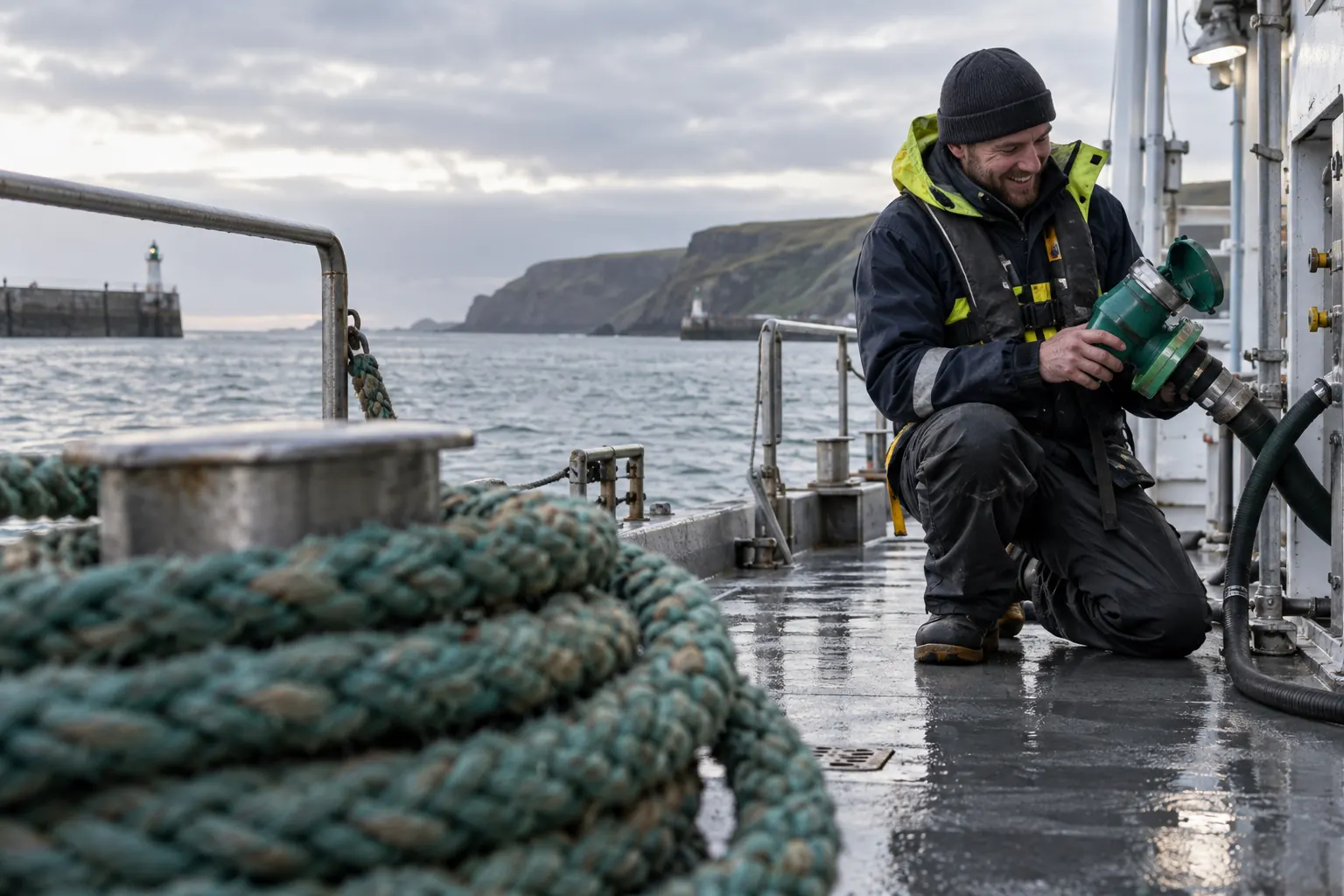 One laughing adult harbour engineer kneels on a wet research-vessel deck beside a generic green fuel connector.