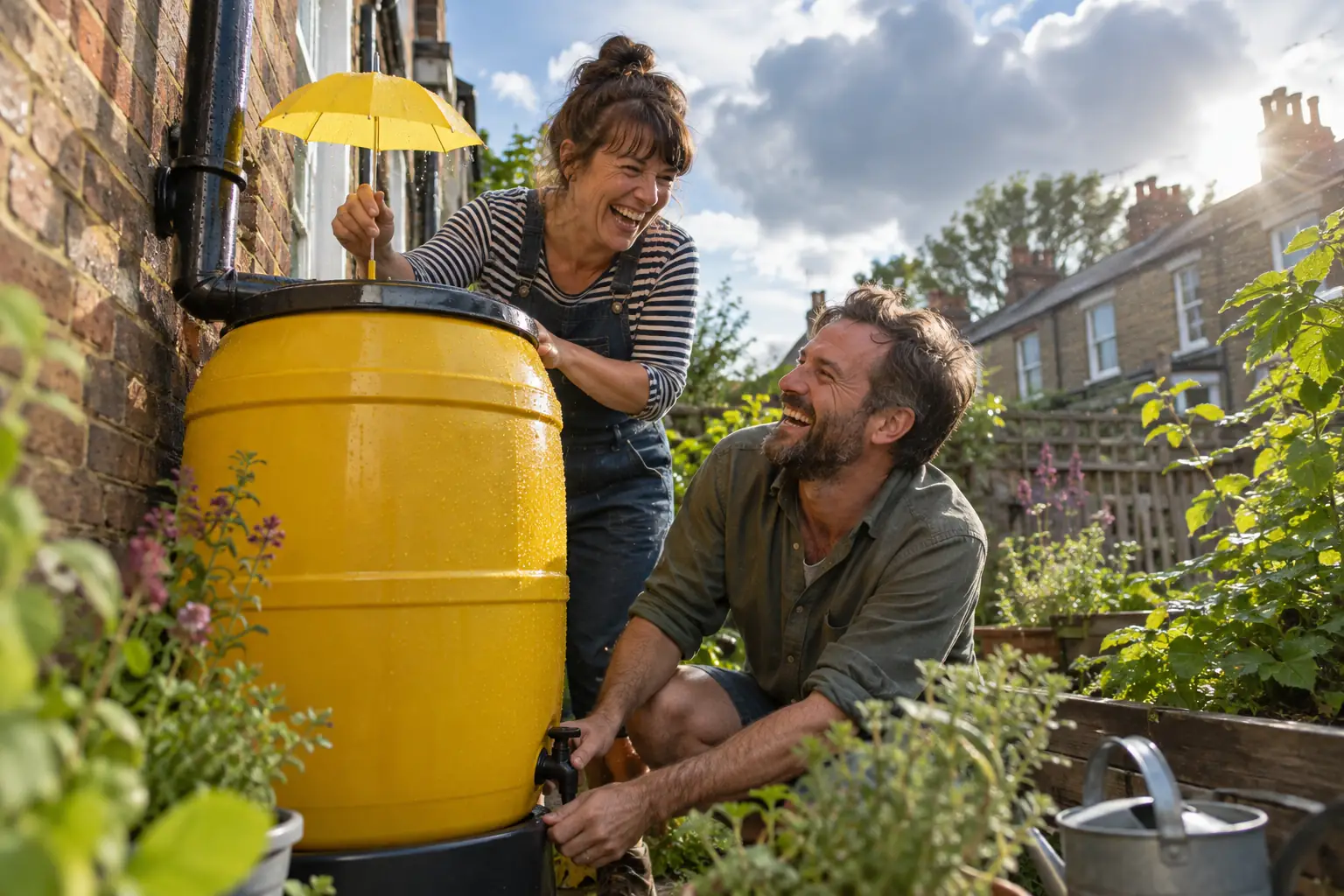 Original editorial photograph of two laughing neighbours installing a yellow rainwater butt in a sunny garden for a climate adaptation report