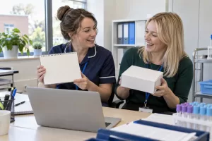 Two laughing coordinators for clinical trial setup target