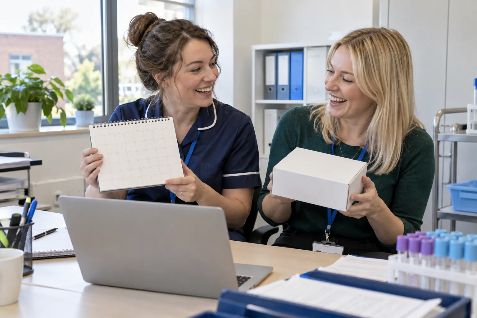 Two laughing coordinators for clinical trial setup target