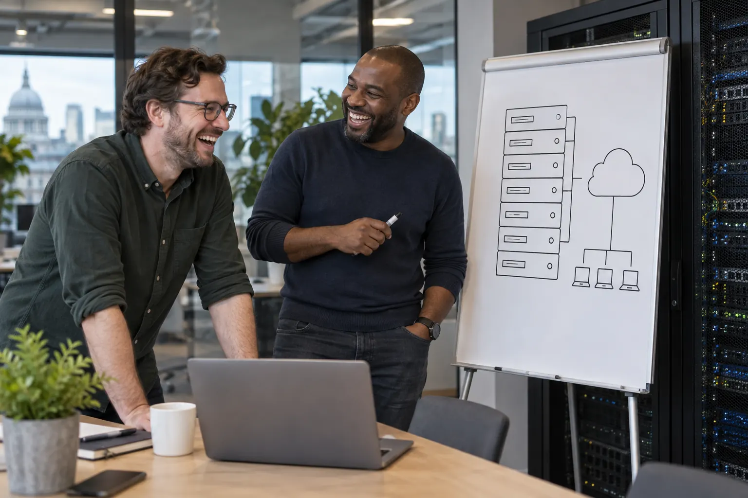 Two laughing engineers beside a server diagram for CMA cloud services business software actions