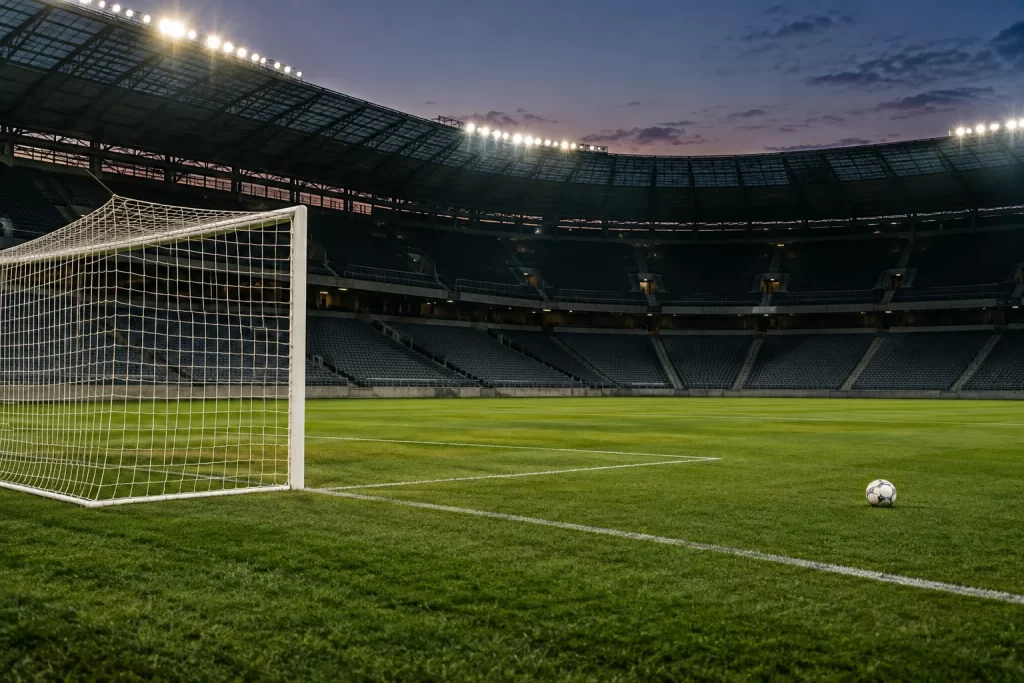 An empty football goal and match ball sit in a silent floodlit stadium at dusk.