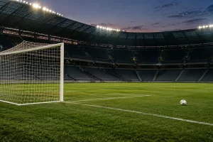 An empty football goal and match ball sit in a silent floodlit stadium at dusk.