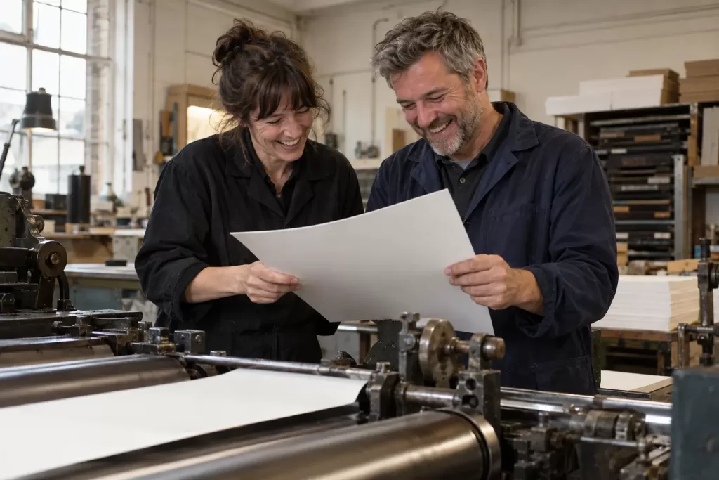 Two laughing editors at a fictional CMA Google search publisher control 2026 printing press