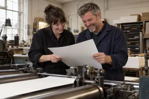 Two laughing editors at a fictional CMA Google search publisher control 2026 printing press