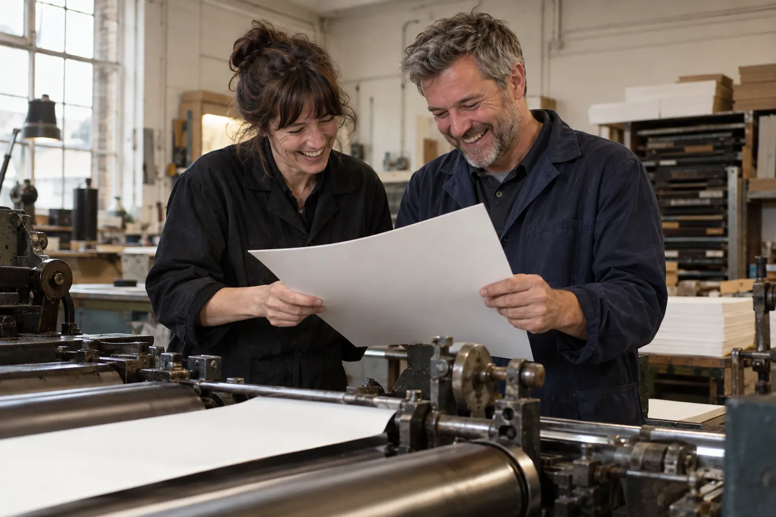 Two laughing editors at a fictional CMA Google search publisher control 2026 printing press