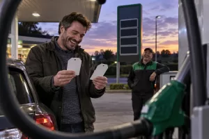 Laughing driver and attendant comparing blank price tags at a fictional petrol station