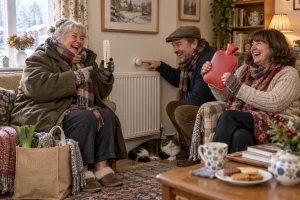 Three fictional adult neighbours clearly laugh around a radiator while one wears an oversized coat and another holds a thermometer.