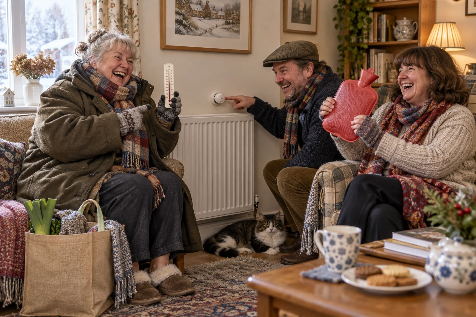 Three fictional adult neighbours clearly laugh around a radiator while one wears an oversized coat and another holds a thermometer.