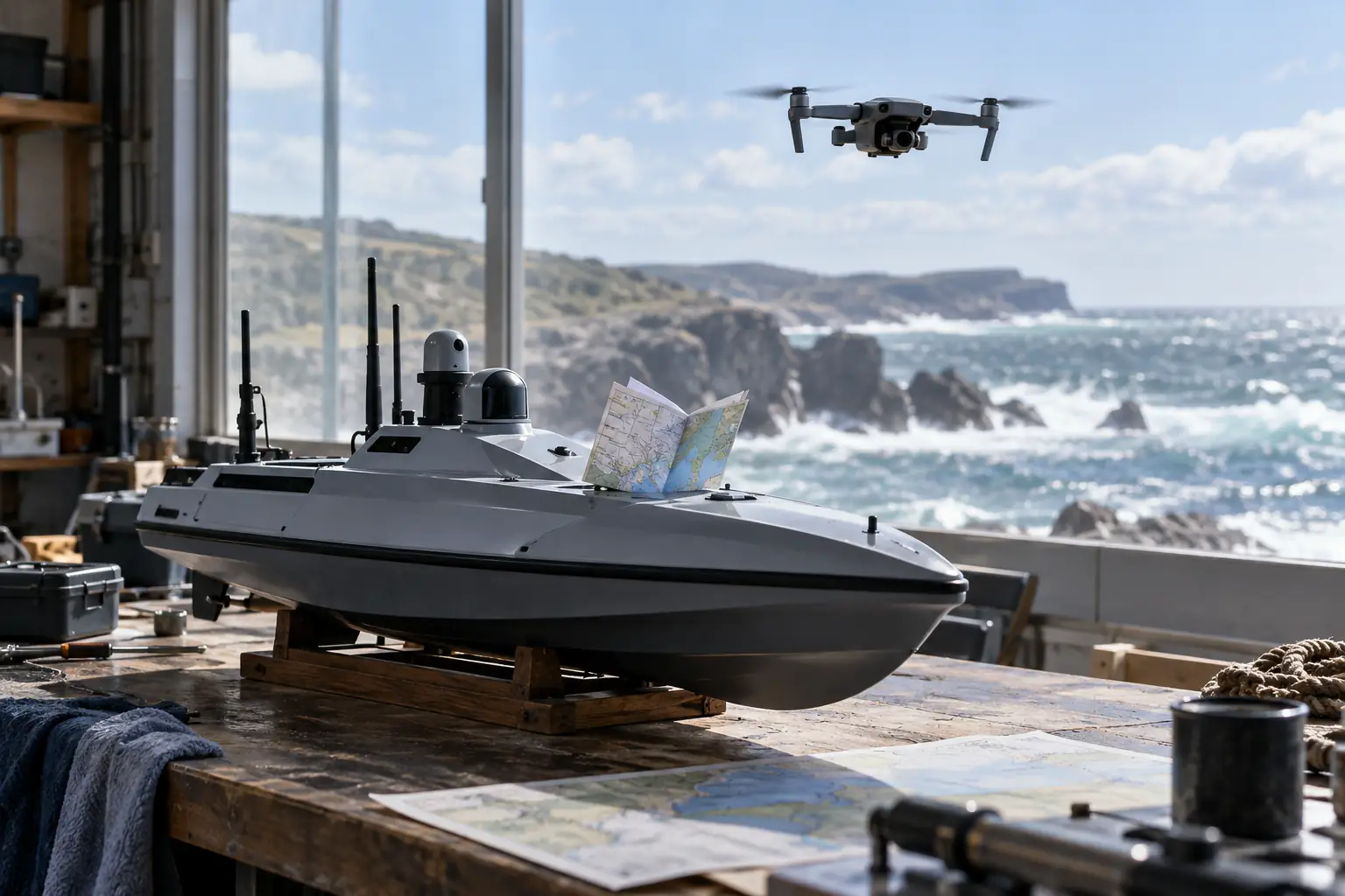 Original editorial photograph of an autonomous boat checking a map for Commando Force investment plan 2026