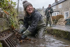 A laughing woman in waders clears leaves from a flood-defence drain while a laughing man with a rake stands in the distant background.
