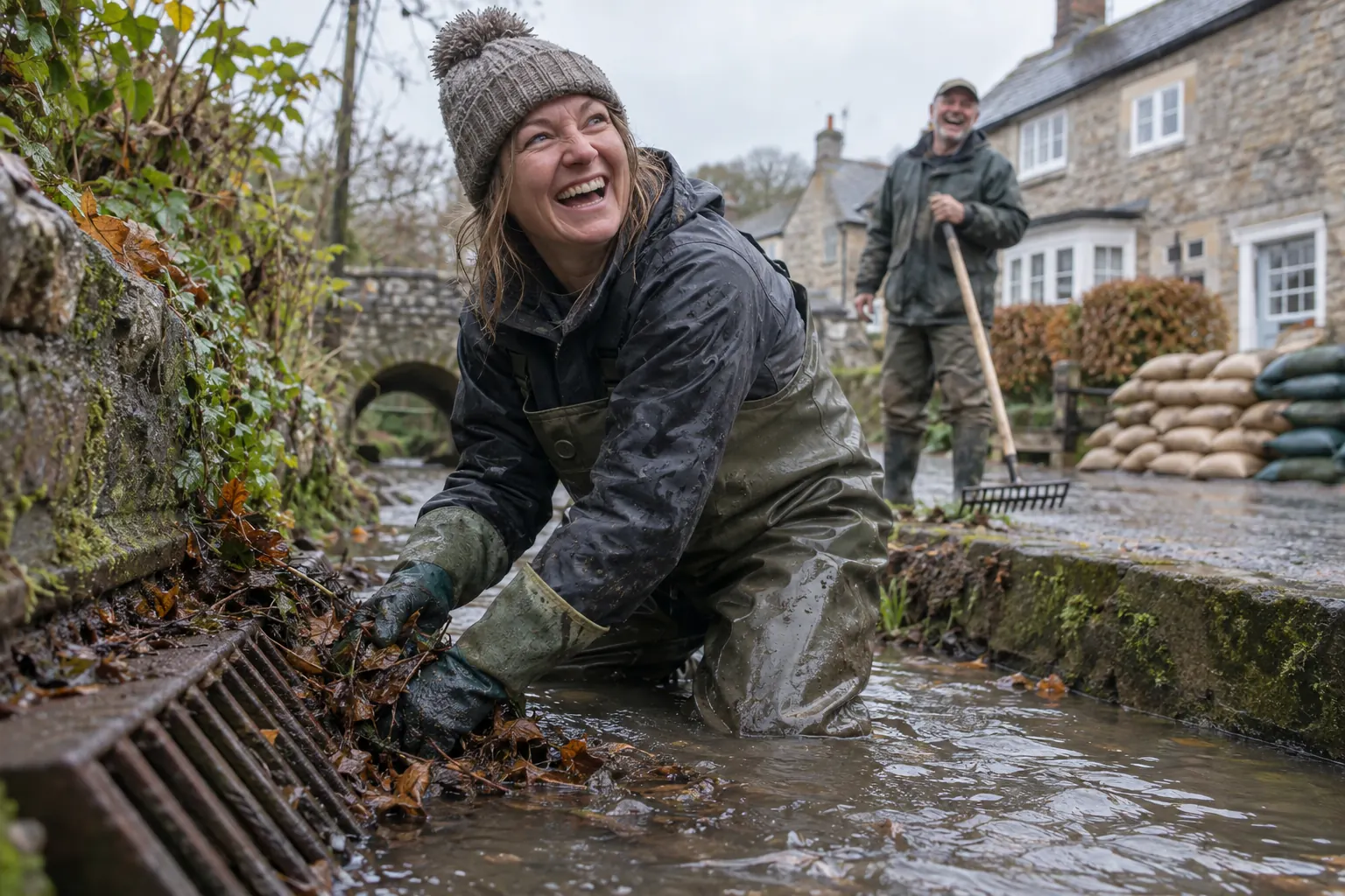 A laughing woman in waders clears leaves from a flood-defence drain while a laughing man with a rake stands in the distant background.