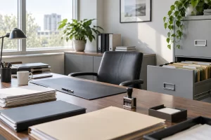 An open filing drawer, orderly folders and a date stamp sit beside a leather chair in a corporate registry office.