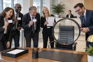 Fictional business leaders laugh beside blank identity cards and an empty executive chair under a magnifying glass.