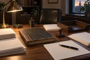 Blank forms, a worn ledger, a rubber stamp and a fountain pen sit on a solicitor style office desk.