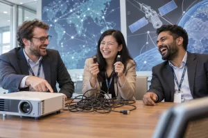 Three fictional connectivity researchers laugh while untangling projector cables at a conference table.