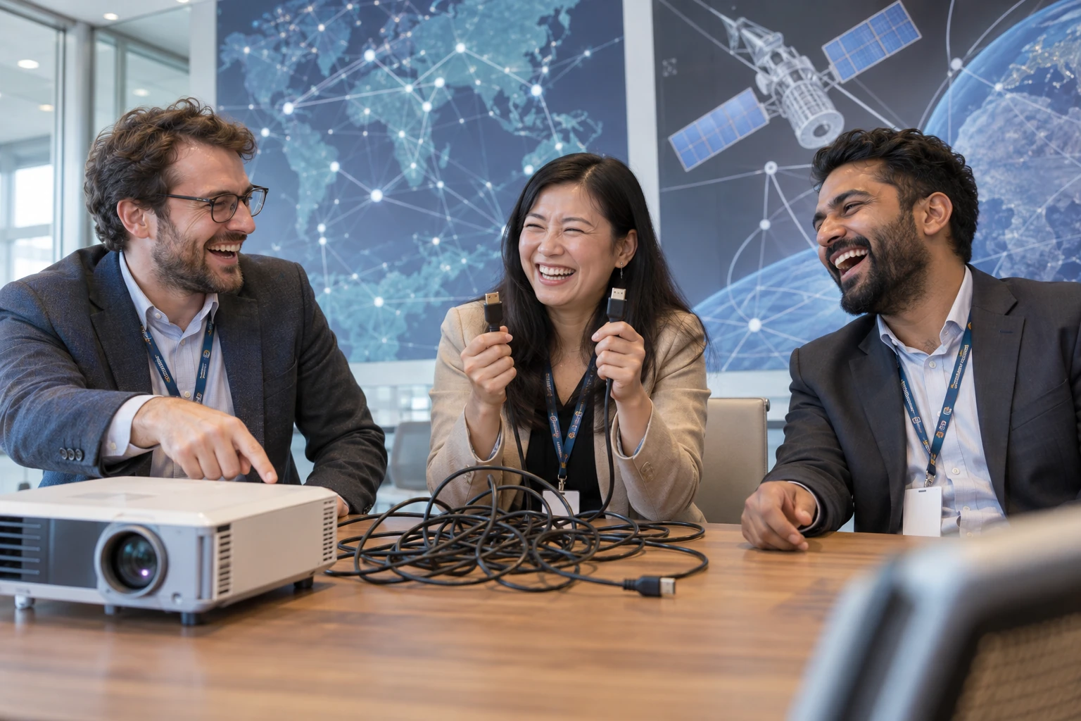 Three fictional connectivity researchers laugh while untangling projector cables at a conference table.
