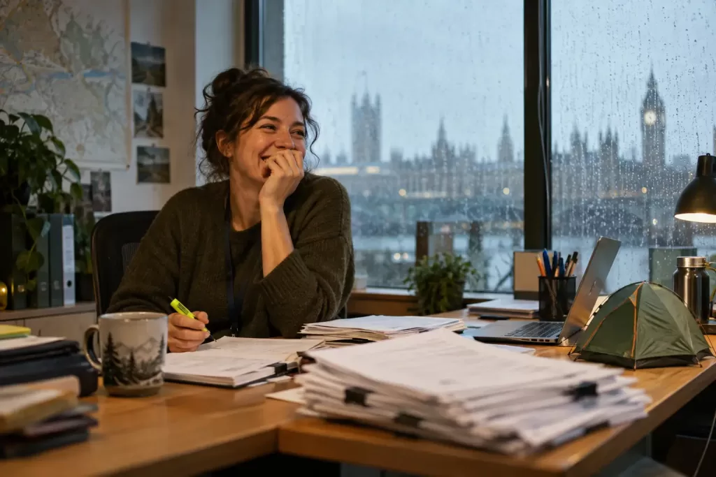 Original editorial photograph of a laughing civil servant with a highlighter and small tent for Consult AI tool