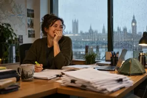 Original editorial photograph of a laughing civil servant with a highlighter and small tent for Consult AI tool
